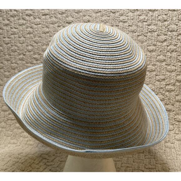Eric Javits Blue Tan Woven Straw Trilby Sun Hat OS Turn Up Brim Packable Travel main image 5